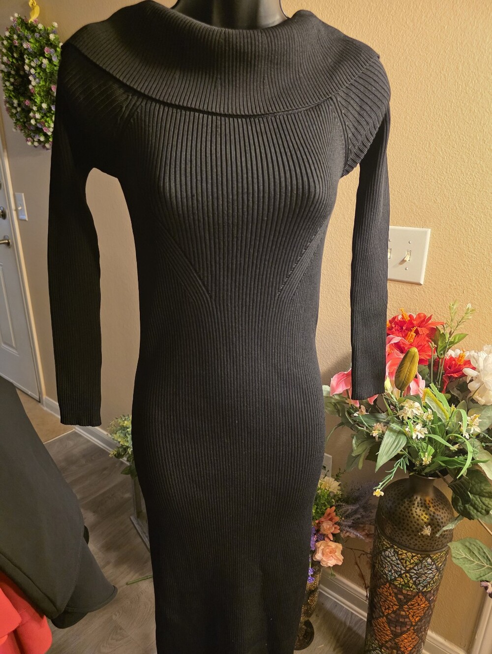 Michael Kors Black Ribbed Long-Sleeve Midi Dress